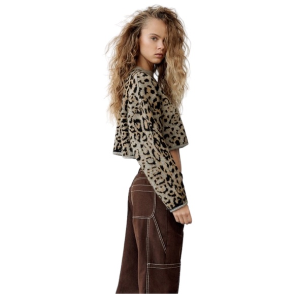 Zara Women's gray leopard print cropped sweater, Sz S - Picture 14 of 17